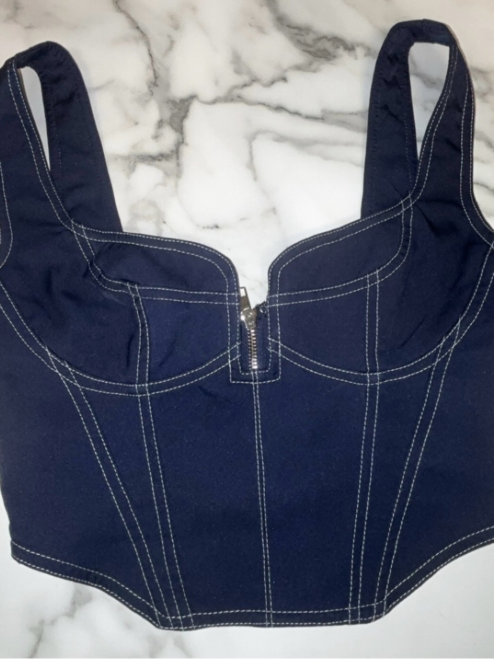 White Fox Boutique Navy Bustier Crop Top with White Stitching